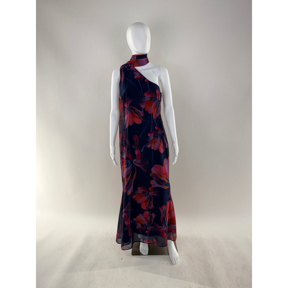 Hutch Floral One Shoulder Maxi Dress Navy Red Pink Size 8 - Picture 3 of 9
